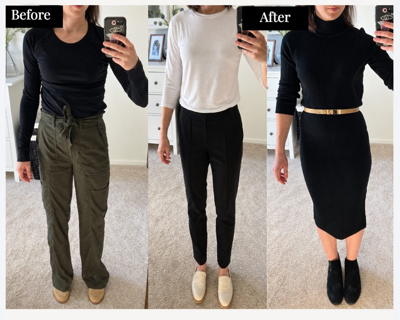 Client style transformation showing a casual outfit before and two styled looks after